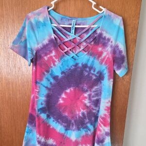 Zenana Multicolor Tie-Dye Crisscross Top